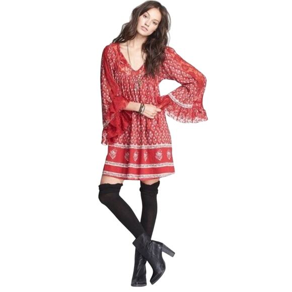 FREE PEOPLE Women’s Nomad Child Cherry Red Floral Boho Mini Dress - Picture 1 of 9